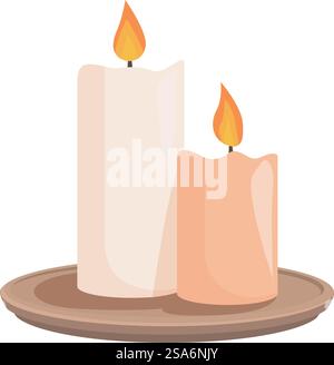 Two lit candles are burning on a wooden plate, creating a romantic and peaceful atmosphere. Two lit candles burning on a wooden plate creating a romantic atmosphere Stock Vector