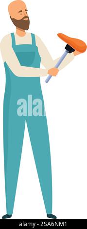 Plumber holding a plunger is checking for a clog in the toilet. Plumber holding plunger checking for clog in toilet Stock Vector