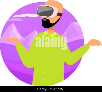 Programmer wearing vr headset experiencing virtual reality simulation, gesturing with his hands. Man using vr headset exploring virtual reality world, enjoying immersive experience Stock Vector