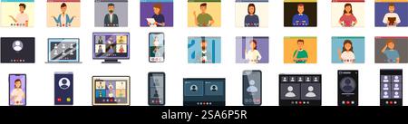 videocall icons set. People working from home having video conference call using computer, laptop, tablet and smartphone. videocall icons set. Video conference call, online business meeting, remote working and online learning concept Stock Vector