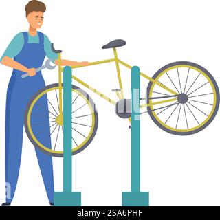 Bicycle mechanic is fixing a bike in a workshop, using a wrench to tighten or loosen parts. Bicycle mechanic repairing bike using wrench in workshop Stock Vector
