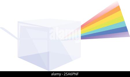 Beam of light passing through a glass cube and refracting into the colors of the rainbow. Light beam refracting through glass cube creating rainbow prism effect Stock Vector