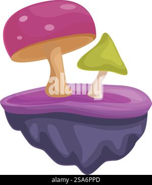 Two cartoon mushrooms growing on a floating island with purple soil against a white background. Two colorful cartoon mushrooms growing on a floating island Stock Vector