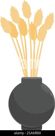 Minimalist illustration featuring a bouquet of wheat standing in a black vase, representing harvest and autumnal decoration. Bunch of wheat standing in a black vase isolated on white background Stock Vector