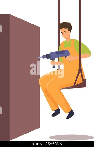 Construction worker is using an electric drill while sitting precariously on a swing to drill a hole in a wall. Construction worker using electric drill while sitting on swing for drilling wall Stock Vector