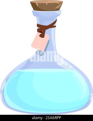 Glass bottle containing blue liquid, sealed with a cork and with a blank label attached. Glass bottle containing blue liquid with cork and label Stock Vector