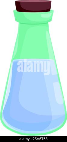 Glass flask is containing a blue potion and closed with a cork stopper. Glass flask containing blue potion with cork stopper Stock Vector