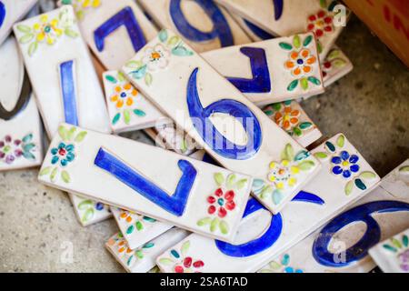 Colorful small ceramic number plates Stock Photo