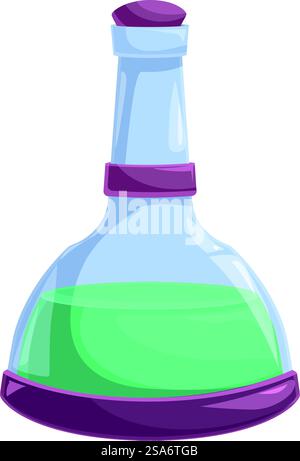 Cartoon illustration of a glass bottle containing a glowing green liquid potion, isolated on a white background. Glass bottle containing glowing green liquid potion Stock Vector