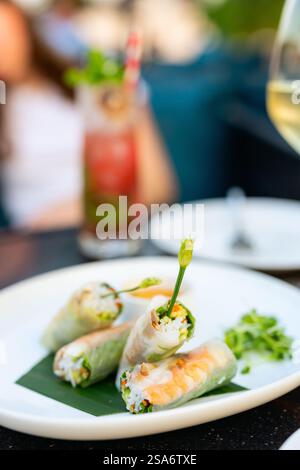 Traditional vietnamese spring rolls served with other small bites for lunch Stock Photo