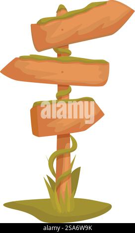Weathered wooden signpost overgrown with grass, its three blank arrows pointing in different directions. Wooden signpost overgrown with grass pointing in three directions Stock Vector