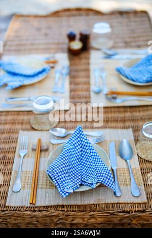 Beautifully served table for luxury beach picnic Stock Photo
