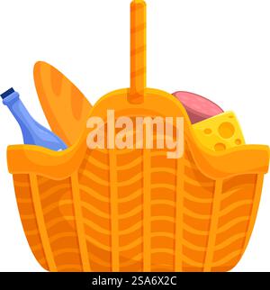 Yellow wicker picnic basket holding food and drink for a romantic picnic. Wicker picnic basket filled with wine, cheese and bread Stock Vector