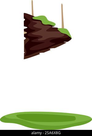 Piece of ground is falling, revealing the earth layers below and creating a sinkhole. Piece of ground falling down creating sinkhole illustration Stock Vector