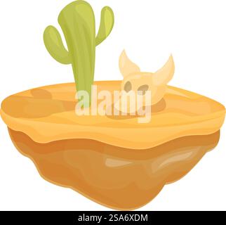 Lonely cow skull lying on a small desert island with a cactus growing. Cow skull and cactus growing on a small desert island Stock Vector