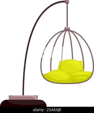 Brown hanging egg swing chair with yellow pillows for relaxing on terrace, modern furniture for summer leisure. Hanging egg swing chair with yellow pillows for relaxing on terrace Stock Vector