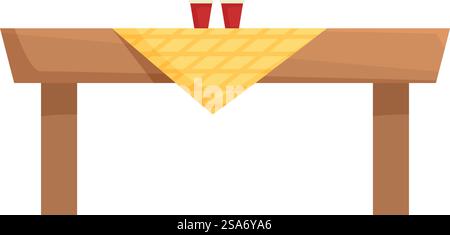 Wooden table covered with yellow checkered tablecloth and two red cups standing on top, isolated on white background. Wooden table covered with yellow tablecloth and two red cups standing on top Stock Vector