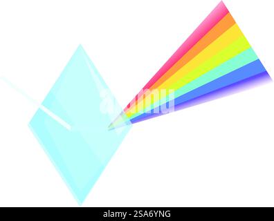 Light beam refracting through triangular prism, separating into rainbow spectrum. Light beam passing through triangular prism creating rainbow spectrum Stock Vector