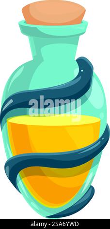 Cartoon style illustration of a glass potion bottle with a cork holding a yellow liquid and entwined by a snake, isolated on white. Glass potion bottle with a cork holding a yellow liquid and entwined by a snake Stock Vector
