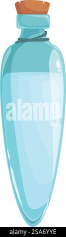 Cartoon illustration of a magic potion bottle with a cork, containing a mysterious blue liquid. Magic potion glass bottle corked containing blue liquid Stock Vector