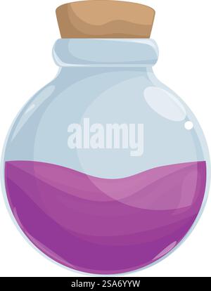 Cartoon style illustration of a round glass bottle filled with purple liquid potion with a cork stopper, isolated on white. Round glass bottle filled with purple liquid potion with cork stopper Stock Vector