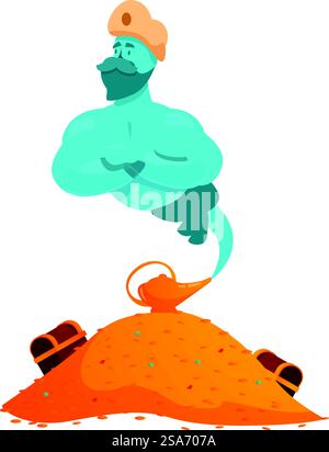 Blue genie is emerging from a magic lamp on a pile of gold coins with treasure chests. Blue genie emerging from magic lamp with treasure chest and gold coins Stock Vector