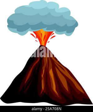 Cartoon illustration of a volcano erupting with molten lava and smoke. Volcano erupting with molten lava and smoke cloud Stock Vector
