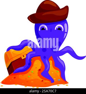 Cartoon octopus with treasure chest standing on a pile of gold, concept of pirate, finding treasure, wealth and adventure. Funny purple octopus wearing hat standing near treasure chest on a pile of gold coins Stock Vector