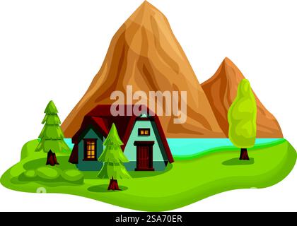 Illustration featuring a small wooden chalet standing on a green meadow near a lake and surrounded by high mountains, perfect for topics such as vacation rental or holiday home. Small wooden chalet standing on green meadow near lake and surrounded by high mountains Stock Vector
