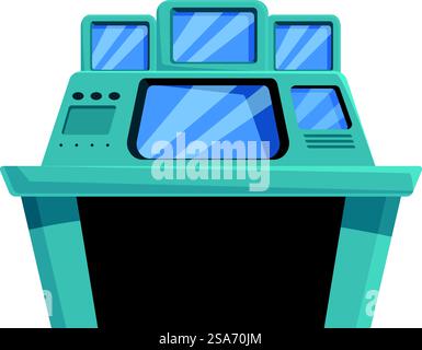 Futuristic control panel with multiple screens displaying data, ideal for projects related to technology, science fiction, and control rooms. Futuristic control panel showing data on multiple screens Stock Vector