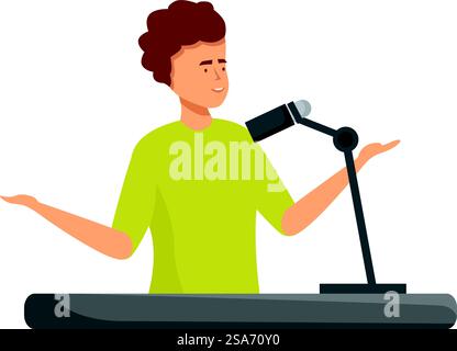 Podcaster speaking on a professional microphone, creating audio content. Young man recording a podcast using a professional microphone Stock Vector