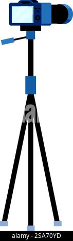Modern digital camera is securely mounted on a sturdy tripod, ready to capture high quality footage for a vlog. Modern digital camera standing on tripod recording video blog Stock Vector