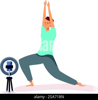 Sportsman is streaming online yoga class using smartphone on tripod with ring light. Sportsman practicing yoga online using smartphone on tripod with ring light Stock Vector