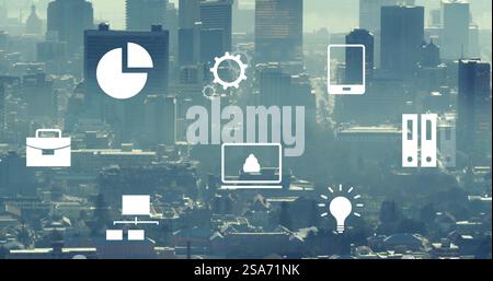 Image of business icons over cityscape Stock Photo