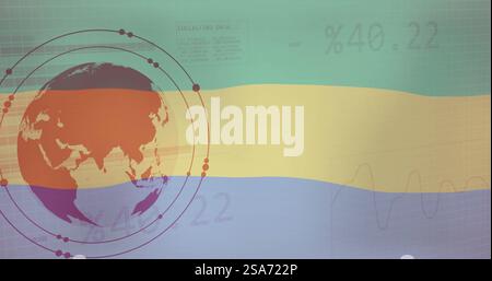 Image of flag of gabon over globe, charts and processing data Stock Photo