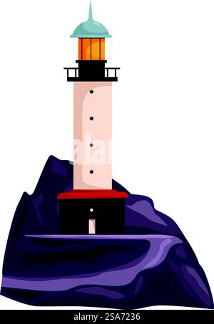 Tall lighthouse is standing on a rocky cliff, its bright light guiding ships safely through the dark and stormy seas. Tall lighthouse standing on rocky cliff guiding ships at sea Stock Vector