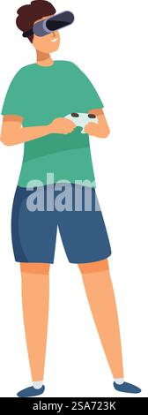 Gamer is standing and using a vr headset and controllers, immersed in a metaverse experience. Gamer wearing virtual reality headset and holding console, enjoying metaverse experience Stock Vector