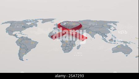 Image of red ribbon and data processing over world map on white background Stock Photo