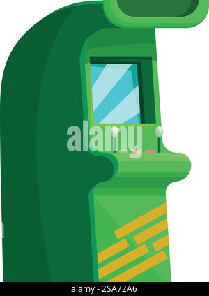 Classic arcade game machine with joysticks and buttons, evoking nostalgia for vintage gaming. Green arcade game machine standing ready for players Stock Vector