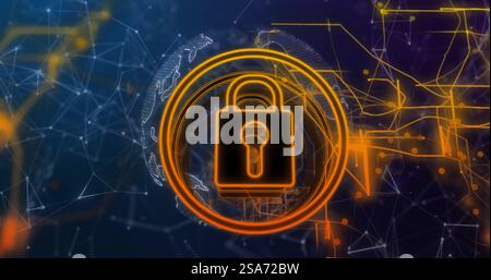 Image of padlock and connections over globe Stock Photo