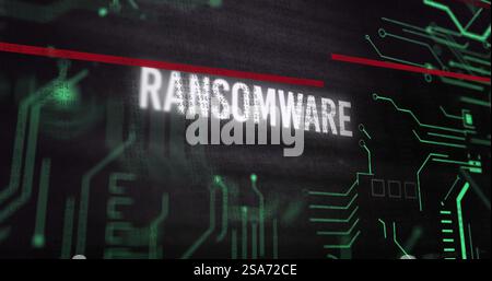 Image of ransomware text and digital data processing over black background Stock Photo
