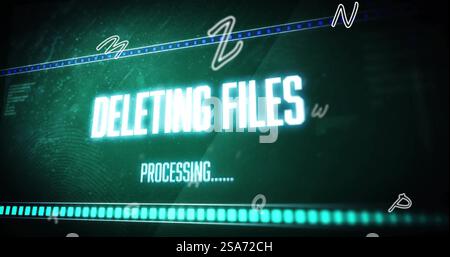 Image of deleting files text and digital data processing over green background Stock Photo
