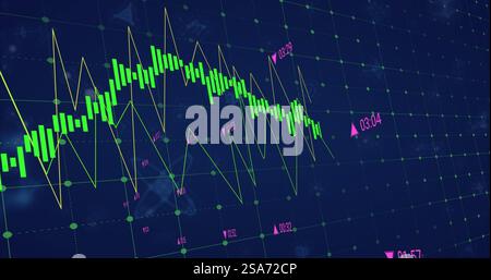 Image of financial data processing over molecules on black background Stock Photo