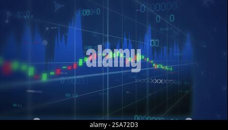 Image of financial data processing over molecules on black background Stock Photo