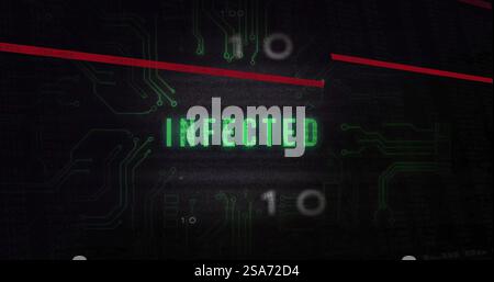 Image of infected text and digital data processing over black background Stock Photo