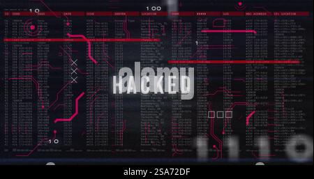 Image of hacked text and digital data processing over black background Stock Photo