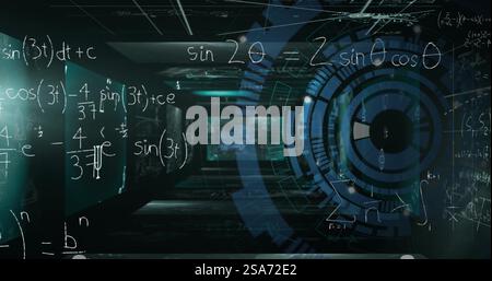 Image of mathematical equations and circular scanner over interface screens on dark background Stock Photo
