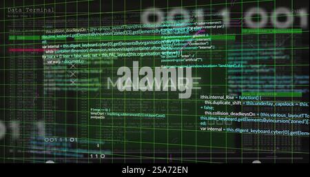 Image of malware text, network and processing data over grid on dark background Stock Photo