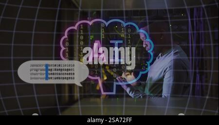 Image of ai text in brain and chat icons over african american man using tablet Stock Photo