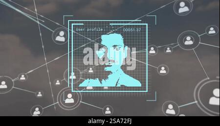 Image of biometric photo and network of connections with icons over clouds Stock Photo